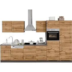 Küchenzeile KOCHSTATION "KS-Stockholm", front: wotaneichefarben, korpus: grafit, arbeitsplatte: anthrazit, B:340cm T:60cm, Komplettküchen-Sets, Küchenzeile, Breite 340 cm, mit hochwertigen MDF Fronten im Landhaus-Stil
