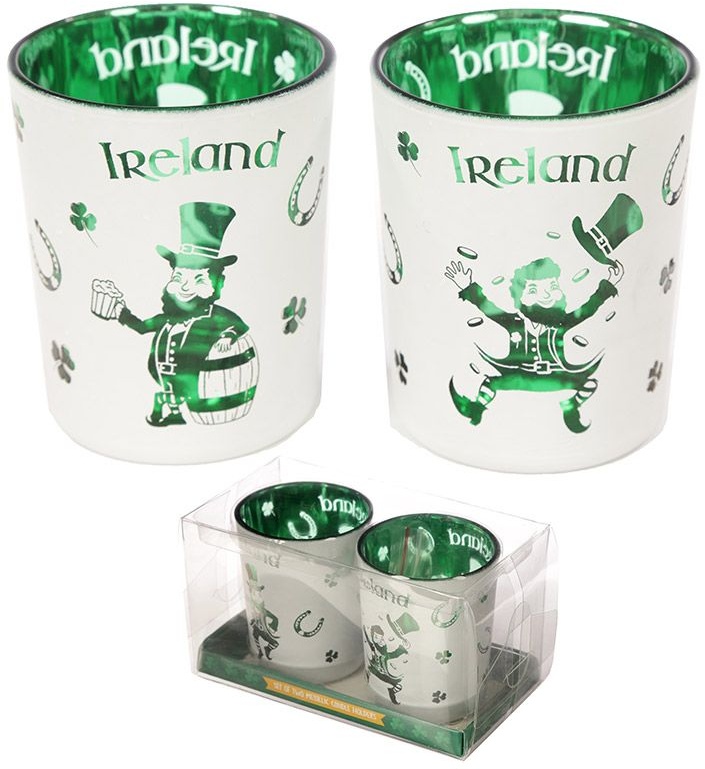 Irischer Glückskobold Glas Teelicht Kerzenhalter 2er Set