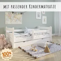 Kids Collective Kinderbett Voll-Holz 200x90 mit Rausfallschutz, | Schublade in weiß Kiefer 90 x 200 Mädchen Jungen Bett Skandi, mit Matratze - Weiß