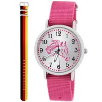 Pacific Time Kinder Armbanduhr Mädchen Junge Pferd Kinderuhr Set 2 Textil Armband rosa + Deutschland analog Quarz 10569