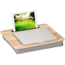 Relaxdays Laptopkissen mit Handyhalter, BxT: 46 x 35 cm, Laptopunterlage für Bett & Sofa, Laptop Knietablett, Natur/grau