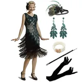 MIMIKRY 20er Jahre Flapper Pfau Damen Kostüm Grün Fransen-Kleid mit Pailletten und 5-tlg. Zubehör-Set, Größe:L