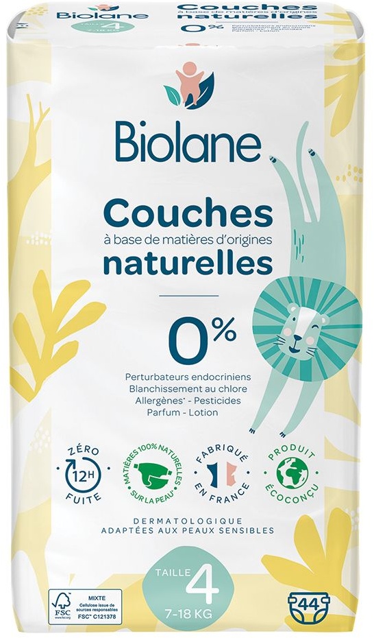 Biolane - Couches Naturelles Taille 4 - Ultra-Absorbant Pas de Fuite - 44 unités 44 pc(s) serviettes hygiénique(s)
