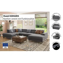 Cotta Wohnlandschaft »Komaris U-Form mit Kopfteilverstellung«, wahlweise mit Bettfunktion, Bettkasten & Beleuchtung grau