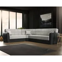 Dmora - Schlafsofa mit Halbinsel Matias, Sofa mit Stauraum aus Öko-Leder und Stoff, Sofa mit klick-Klack-Öffnung, 305 x 238 x 91 cm, Schwarz und Hellgrau