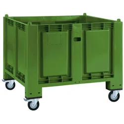 BRB Palettenbox, grün, mit 4 Lenkrollen, 2 Feststellbremsen, LxBxH 1200 x 800 x 1000 mm, lebensmittelecht