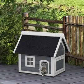 PawHut Katzenhaus Outdoor Katzenhöhle aus Holz Wetterfest 77 x 57,5 x 68 cm Grau