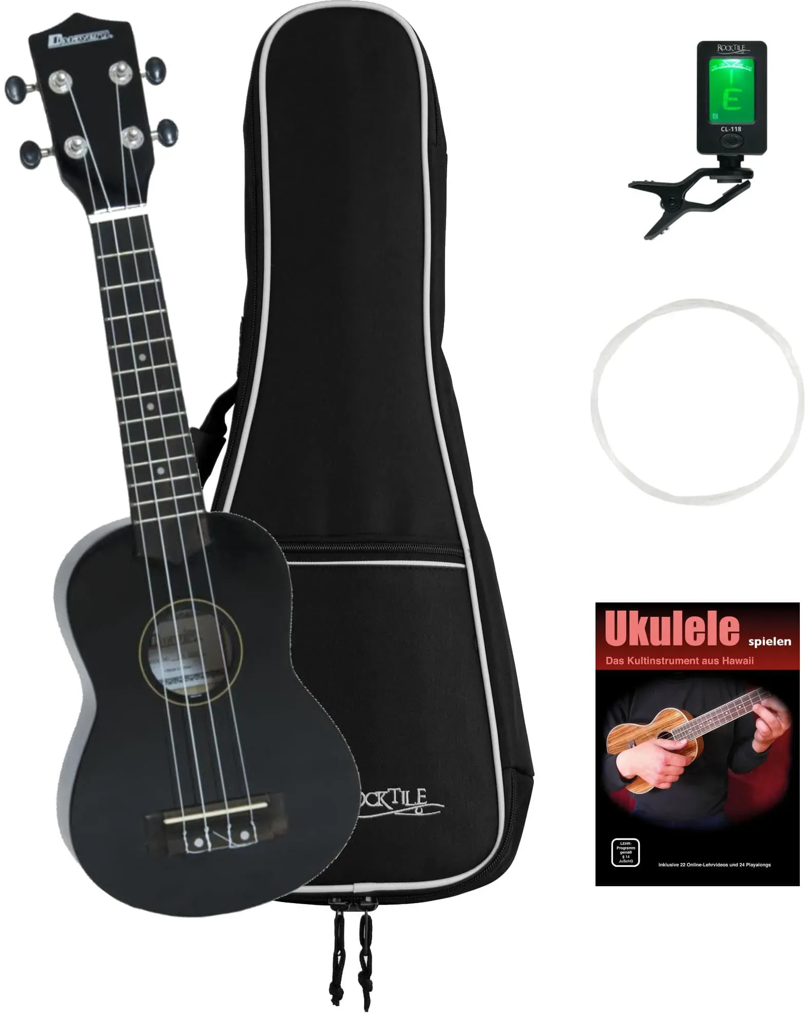 Dimavery UK-200 Sopran-Ukulele Schwarz Set