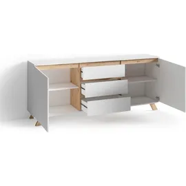 byLIVING Kommode Valentin, Sideboard Breite 180 cm, matt weiß, Applikation in Eichen-Optik - Weiß/Braun