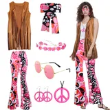 Moiuguli Hippie Kostüm Damen Set, 60er 70er Jahre Faschingskostüm Hippie Kleidung Damen mit Fransenweste Schlaghose Hippie Accessoires, Hippie Kostüm für Karneval Party
