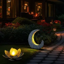 ETC Shop Gartendeko Solarlampen für Außen Lotosblume Tischdeko Gartentisch Garten Solarleuchte für Balkon, Mondsichel mit Stein Optik Grau Gold, LED, 2er Set
