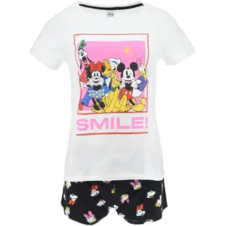 Disney Mickey and Friends T-Shirt und Shorts für Damen, Schlafanzug Baumwolle 2-Teiliges Set Minnie, Mickey, Donald, Daisy, Pluto und Goofy | Größe XL | Weiß - XL