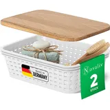 Novaliv 2er Set Eleganter Aufbewahrungskorb mit Holzdeckel in Rattan-Optik | Weiß Lebensmittelecht Kunststoff 1L – Perfekt für Bad & Kleidungsa...