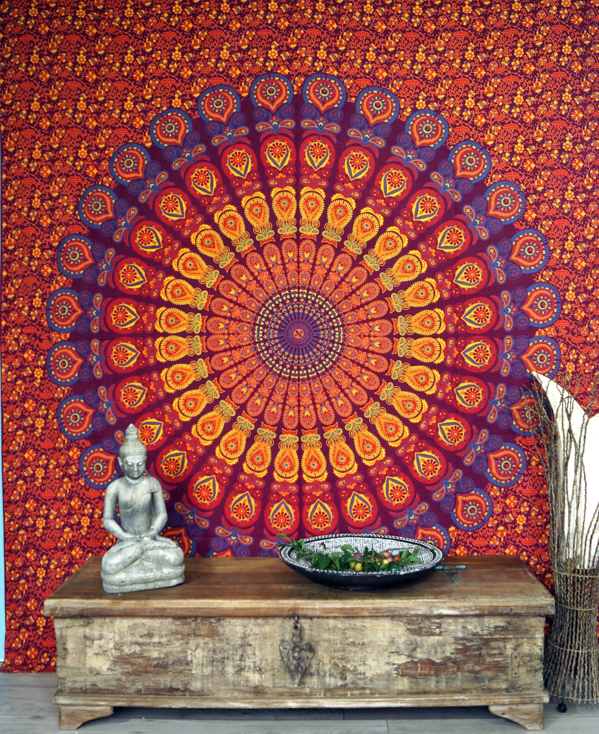 GURU SHOP Boho-Style Wandbehang, Indische Tagesdecke Mandala Druck- Rot/orange/pink, Baumwolle, 210x230x0,2 cm, Bettüberwurf, Sofa Überwurf