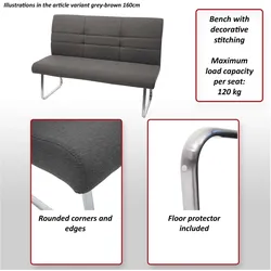 Set 2x Esszimmerstuhl+Sitzbank MCW-G55, Bank Küchenstuhl Stuhl, Stoff/Textil Edelstahl ~ grau-braun Bank 180cm