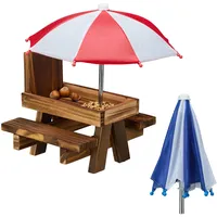 Relaxdays Eichhörnchen Tisch, Holz, Eichhörnchenbank mit 2 Schirmen, Eichhörnchen-Picknicktisch