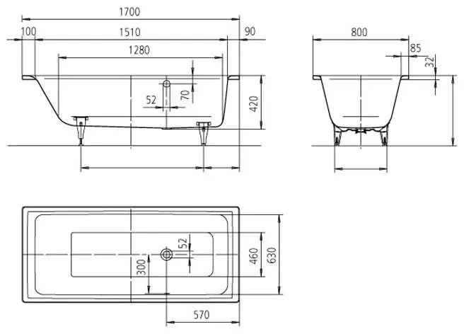 Kaldewei Puro 692 Badewanne 170 x 80 cm mit Schwalleinlauf und seitlicher Überlauf links