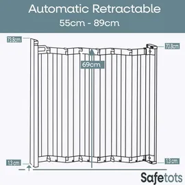 Safetots Automatisches Faltbares Einziehbares Babygitter, 55cm - 113.5cm, Schwarz, Faltbares Treppenschutzgitter, Einziehbares Sicherheitsgitter