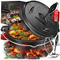 KESSER KESSER® Dutch Oven Set BBQ Feuertopf Schmortopf, Gusseisen Topf mit Deckelheber Henkel und Schlitz für Themormeter, kochkessel Grilltopf Gulaschkessel für Oudoor & Indoor