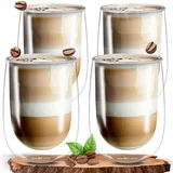 ElbFuchs® Doppelwandige Latte Macchiato Gläser Set [4x 350ml] Kristallklare Thermogläser doppelwandig | Ideal als Cappuccino Gläser | Kaffeegläser | Teegläser