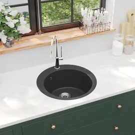 vidaXL Granitspüle rund grau links Einbauspüle Handbetätigung 505 x 505 mm