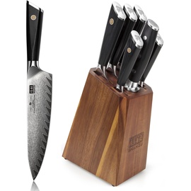 SHAN ZU Damaststahl Messerblock mit Messer, 7-teiliges Küchenmesserset aus Japanischem AUS-10-Spitzenstahl, Professionelles Küchenmesser mit G10 Griff - GYO Series