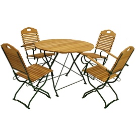 DEGAMO Kurgarten - Garnitur BAD TÖLZ 5-teilig (2x Stuhl, 2x Armlehnensessel, 1x Tisch 100cm rund), Flachstahl grün + Robinie, klappbar