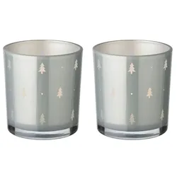 EDZARD 2er-Set Teelichtglas Tani (Höhe 8 cm), grau, Tannen-Motiv