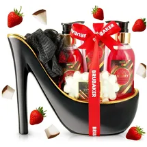 Brubaker Pflege-Geschenkset Dusch- und Badeset mit Erdbeer und Kokosnuss Duft, Pflegeset, 6-tlg., Beauty Geschenkset in Keramik Stiletto für Frauen rot