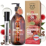 BIONOBLE Rizinusöl Kaltgepresst Bio + Mascara-Kit, 100% Natürlich - Wachstumsfördernd, Repariert - Rizinusöl Bio Haare, Wimpern, Augenbrauen, Haut - Castor Oil - Glasflasche mit Pumpe - 500ml