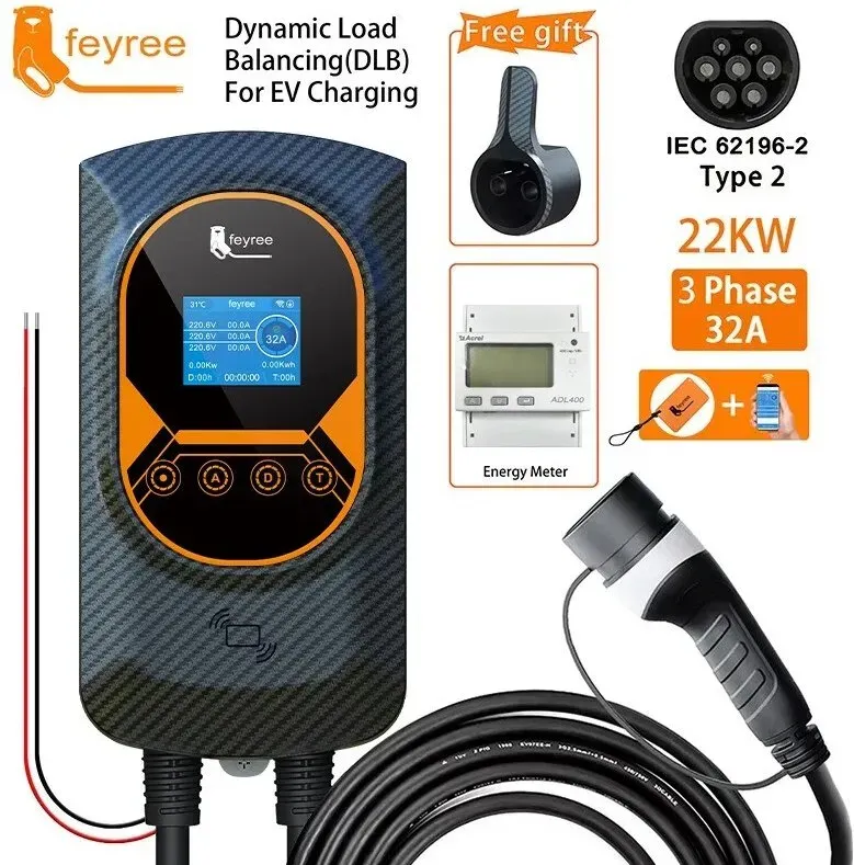 feyree EV‐Ladegerät Typ‐2‐Kabel 32 A 22 kW, dynamisches Lastausgleich, EVSE Wandladestation mit App‐Funktion, Ladestation für Elektroautos
