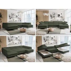 MKS Meble Ecksofa mit Schlaffunktion, Bettkasten, U-form, einstellbare Kopfstützen - PETER U - Boucle - Grün, - Grün