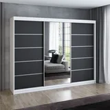 mebloland Schwebetürenschrank, 3-türig Schrank 200 cm mit 4 Schubladen, und Spiegel- VILANO 1 - Weiß / schwarz / schwarz