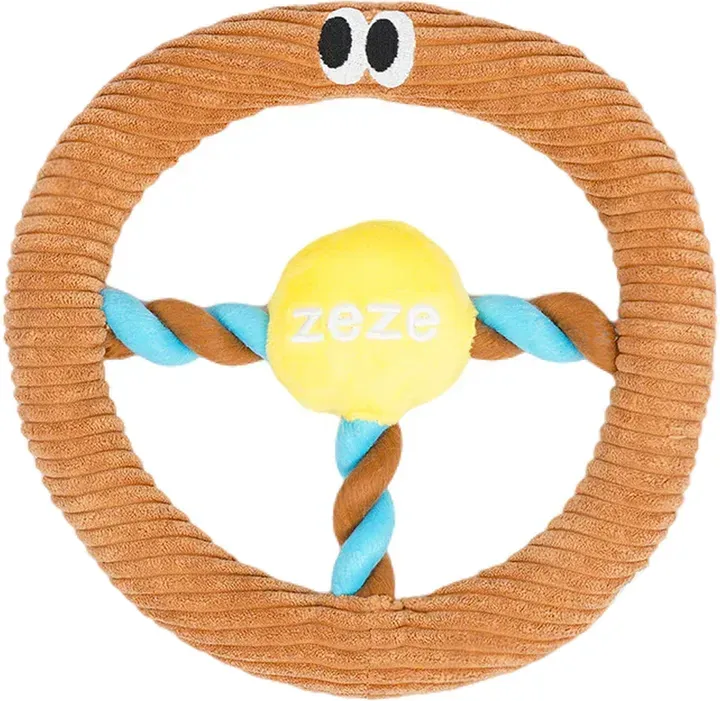 zeze Auto-Lenkrad Kauspielzeug für Hunde (Braun) 23 x 23 x 3,5 cm, integrierter Soundeffekt, Geräuschspielzeug