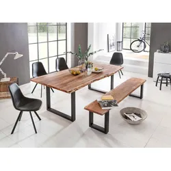 Esstisch HOME AFFAIRE "Manhattan", beige (natur, schwarz), B:200cm H:77cm T:100cm, Tische, Esstisch Holz-Esstische Rechteckiger Esstisch, mit echter Baumkante