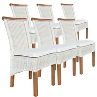 kreatives Wohnen Set Rattanstühle Perth 6 Stück weiß Sitzkissen Leinen weiß mit Sitzkissen Esszimmer-Stühle