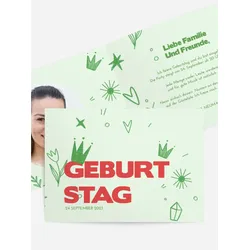 Geburtstagseinladung selbst gestalten mit Spruch und Fotos im Onlinedesigner bei Meine-Kartenmanufaktur.de