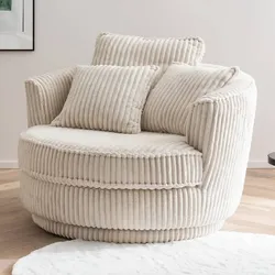 XL Sessel drehbar im Retrostil Breitcord Cremefarben