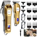 HATTEKER Haarschneidemaschine Profi + Bartschneider Set, Kabelloses Haarschneider Mit Led -Anzeige, Barber Kit für Familie Gold - Gold