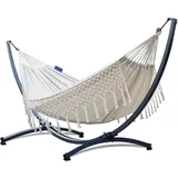 Potenza Outdoor Hängematte mit Gestell für 2 Personen I Baumwolle Doppelhängematte XXL 220x160, 200kg I Hängemattengestell 220kg, wetterfest (Santia-Ecru, Basic Gestell Graphit)