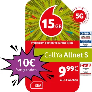 Vodafone Prepaid CallYa S | 15 GB | 10 EUR Startguthaben | 5 GB gratis im Roaming-Special | ohne Vertrag | 5G-Netz | Telefon- SMS-Flat | EU-Roaming