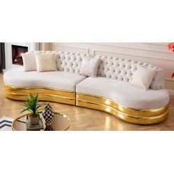 Casa Padrino Luxus Chesterfield 4er Sofa Creme / Gold 340 x 105 x H. 82 cm - Gebogenes Chesterfield Wohnzimmer Sofa - Wohnzimmer Möbel - Chesterfield Möbel - Luxus Möbel - Luxus Einrichtung
