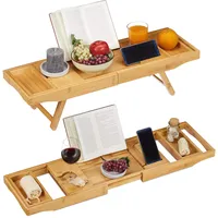 Relaxdays Bambus Badewannenablage & Tablett 2in1, Buchstütze, Weinhalter, Wannenablage, 74,5-114 cm ausziehbar, Natur