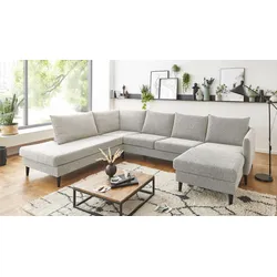Wohnlandschaft "Rekvik U-Form", beige (creme), B:308cm H:79cm, ATLANTIC HOME COLLECTION, Sofas, mit Wellenunterfederung, mit Massivholzfüßen