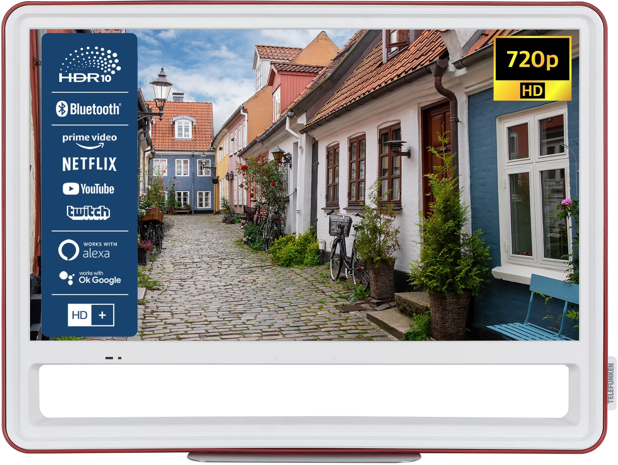 TELEFUNKEN TV with ME ML24R tragbarer 24 Zoll Fernseher/Smart TV (HD Ready, HDR, Triple-Tuner, Rot/Weiß) - 6 Monate HD+ inkl.