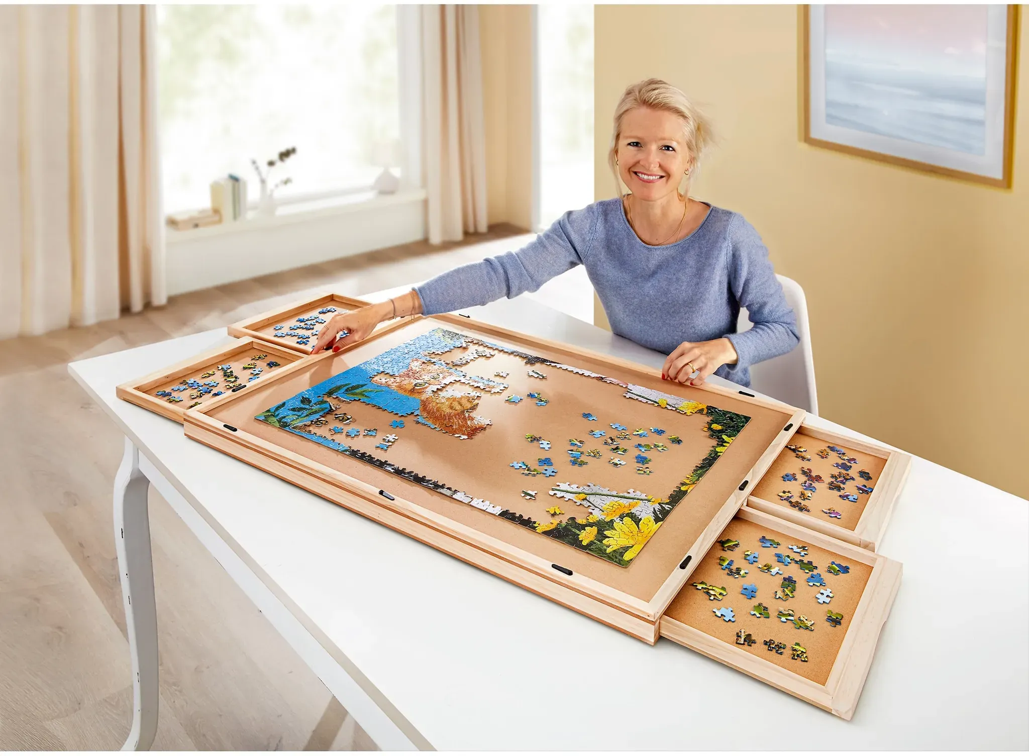Puzzletisch mit Schubladen, drehbar inkl. Abdeckung, braun