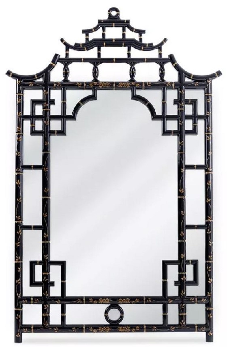 Casa Padrino Luxus Spiegel Schwarz / Gold 110 x 5 x H. 170 cm - Prunkvoller asiatischer Mahagoni Wandspiegel - Luxus Möbel im asiatischen Stil - Luxus Kollektion