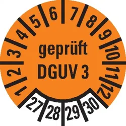 Dreifke® Prüfplakette ,gepr.DGUV Vorschrift 3,27-30,orange,Dokufolie,Ø10mm,1000/Rolle
