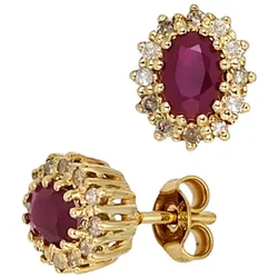 Paar Ohrstecker JOBO "Ohrringe mit Rubin und 24 Diamanten", gelb (gelbgold 585), Ohrringe, Damen, Gelbgold 585-Diamanten, Gelbgold 585, Diamanten, 585 Gold