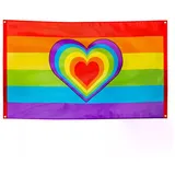 Boland 44721 - Polyester Fahne Regenbogen, Flagge mit Herz, Party-Deko bunt, 90x150cm